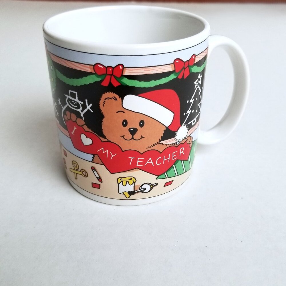 Vintage Russ Berrie I Love My Teacher Christmas Mug Teddy Bear Holiday